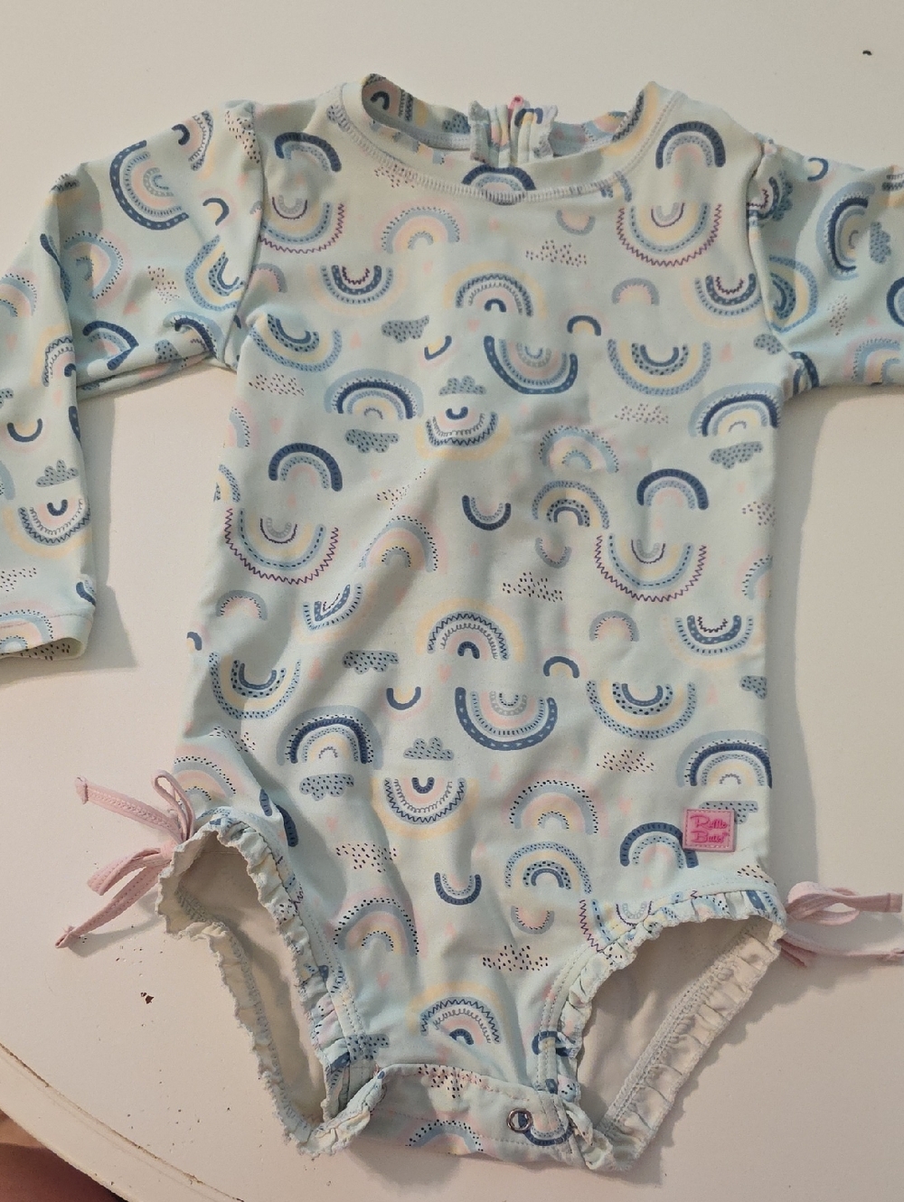 Ruffle Butts Light Blue Long-Sleeve Rainbow Print One-Piece
